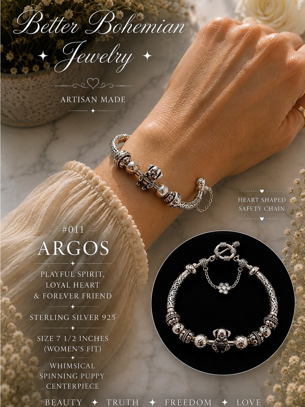 🐾ARGOS #011 Sterling Silver 925 Artisan Puppy Bracelet 7.5” Safety Chain🐾🐾